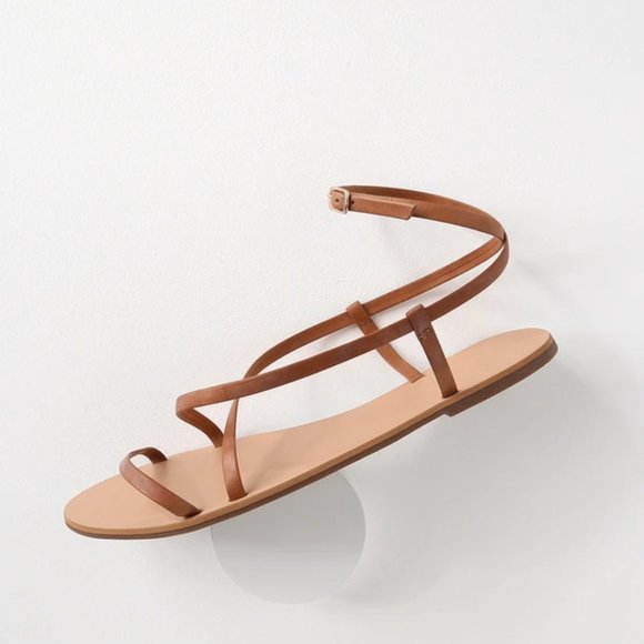 Lulus Chrissy Cognac Leather Flat Sandals Tan - Picture 2 of 4